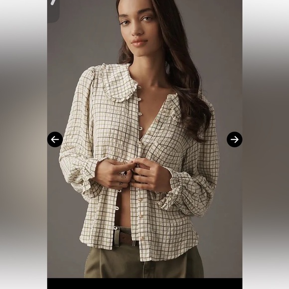 Pilcro Keira Long-Sleeve Plaid Blouse - Green, like new - Picture 5 of 10